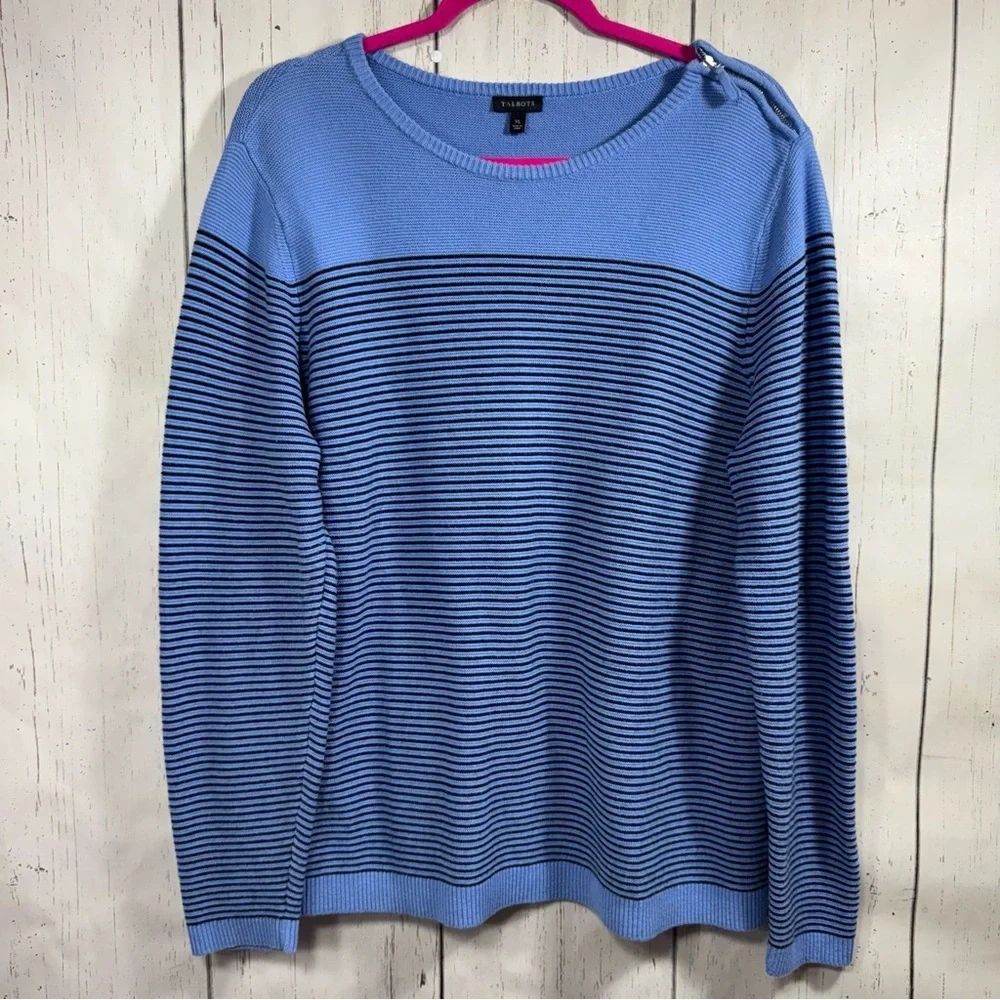 Talbots Cashmere Cotton Blend Blue Crewneck Striped Sweater Preppy Nautical Knit